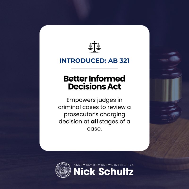 Today I am proud to introduce AB 321, which empowers judges in criminal cases to review a prosecutor's charging decision at all stages of a case, ensuring that charges reflect the individual's conduct fairly.

Thank you to <a href="/sfdefender/">San Francisco Public Defender's Office</a> and <a href="/safeandjust/">Californians for Safety and Justice</a> for your support!

#AB321