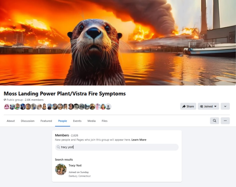 ElkhornStrong's tweet photo. Vistra's Corporate Online Surveillance of Victims. 
Meet Tracy Yost, wife of Vistra VP of Operations and Moss Landing Plant Manager Peter Ziegler, who joined the Moss Landing Power Plant/Vistra Fire Symptoms FB group. 
Read more: https://t.co/2OqbuGgljh 
@realDonaldTrump https://t.co/jOcBjs7YkE