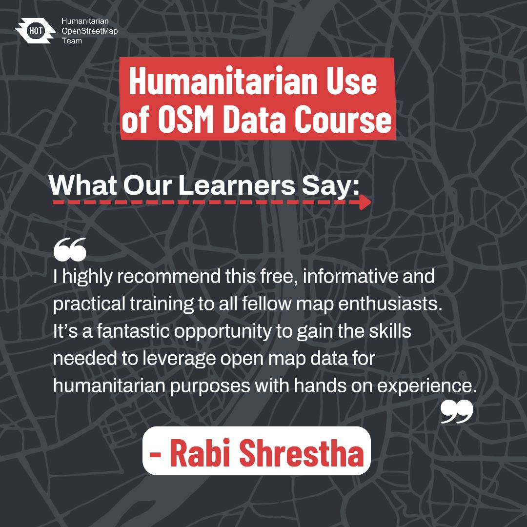 Humanitarian OpenStreetMap Team (@hotosm) on Twitter photo Enroll in our Humanitarian Use of OSM Data course! Gain skills to leverage <a href="/openstreetmap/">OpenStreetMap</a> for humanitarian projects.
“I highly recommend this free, informative, and practical training to all fellow map enthusiasts.” – Rabi Shrestha
đź”— Sign up now: buff.ly/4c60ZXp Enroll in our Humanitarian Use of OSM Data course! Gain skills to leverage <a href="/openstreetmap/">OpenStreetMap</a> for humanitarian projects.
“I highly recommend this free, informative, and practical training to all fellow map enthusiasts.” – Rabi Shrestha
đź”— Sign up now: buff.ly/4c60ZXp