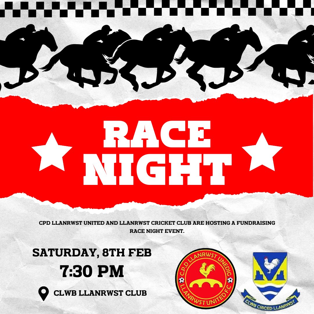 We are excited to announce that CPD Llanrwst United FC and Clwb Criced Llanrwst Cricket Club will be hosting a race night event… 
Details below. 👇🏼 

There will be 6 races, if any individuals or businesses are interested in sponsoring a race please contact Chris on 07809 06911.