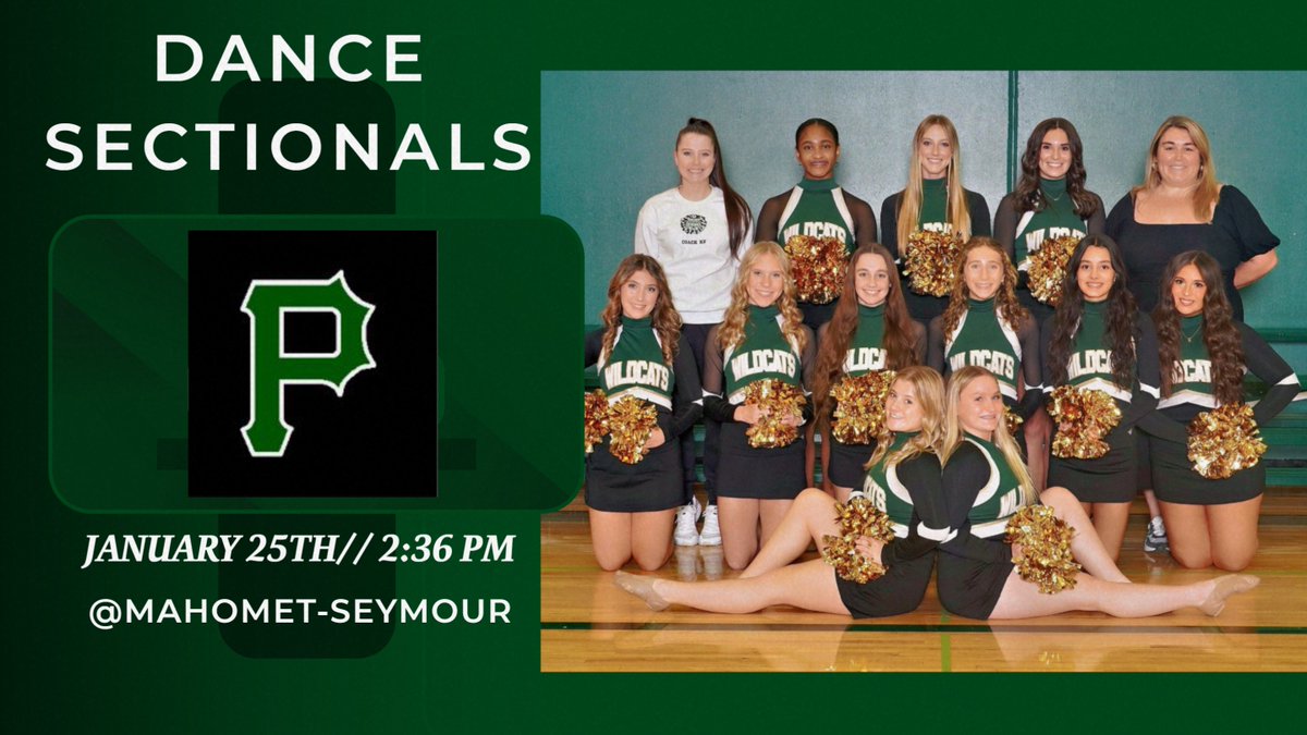 Good luck to our Dance team tomorrow, Saturday 1/25, as they travel down to Mahomet-Seymour for IHSA Sectionals! Performance time is 2:36 pm.
<a href="/Mr_Chlebek/">PHS Wildcats</a> <a href="/CentralPomcats/">PCHS Pomcats</a> <a href="/pchssuperfan/">#BGN</a> <a href="/PCHSBoosters/">PCHS Athletic Booster Club</a>
