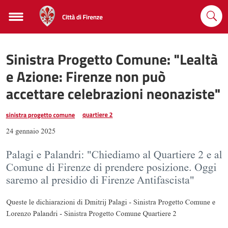 FI_Possibile's tweet photo. Queste le dichiarazioni di Dmitrij Palagi - Sinistra Progetto Comune e Lorenzo Palandri - Sinistra Progetto Comune Quartiere 2
"#Decennium è il titolo della celebrazione immaginata da Lealtà Azione a #Firenze. Una realtà di estrema destra nota per posizioni che insultano la memoria di una Città Medaglia d'Oro della #Resistenza.
Firenze Antifascista ha convocato per il pomeriggio di venerdì 24 gennaio, alle 19 un presidio, per impedire che si possa svolgere un corteo dalle tinte neonaziste.
Chiediamo al Presidente del Quartiere 2 e alla Sindaca della Città di non rimanere in silenzio e vogliamo dare per scontato che nessuno spazio pubblico sia stato concesso a chi organizza concerti con gruppi che rivendicano di essere "topi neri" (il nome di una delle formazioni musicali previste per sabato sera).
Tra le tante denunce sull'attività di Lealtà e Azione ricordiamo quanto pubblicato da Patria Indipendente nello studio sulle galassie nere nel nostro Paese: «membri di Lealtà-Azione si sono resi protagonisti di aggressioni e accoltellamenti e la stampa ha dato notizia di preoccupanti indizi di vicinanza con la criminalità organizzata».
Non vogliamo regalare visibilità a chi non ha un reale tessuto di radicamento sul territorio, ma tutelare la dignità della storia di Firenze. Chi ha nostalgia per i franchi tiratori non può celebrarli con un corteo, per il sangue antifascista che è stato versato prima e durante la Liberazione".
https://t.co/0eUwX9MFCl
#SPC_Firenze