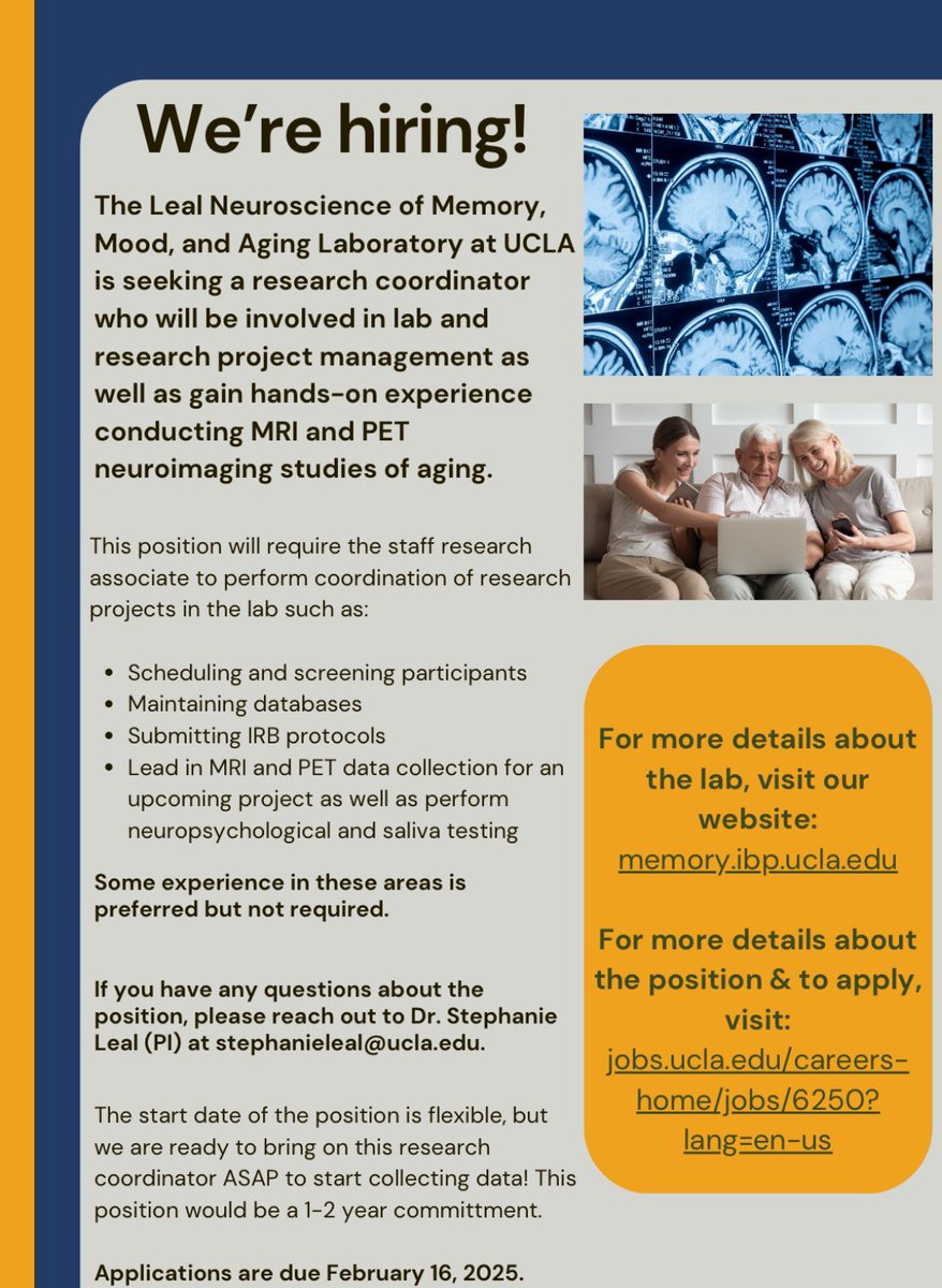 My lab at UCLA is recruiting a research coordinator, who will be involved in lab &amp; research management and take the lead on an MRI &amp; PET imaging project! Please reach out if interested (&amp; please share widely). Apps due by Feb 16!
jobs.ucla.edu/careers-home/j…
