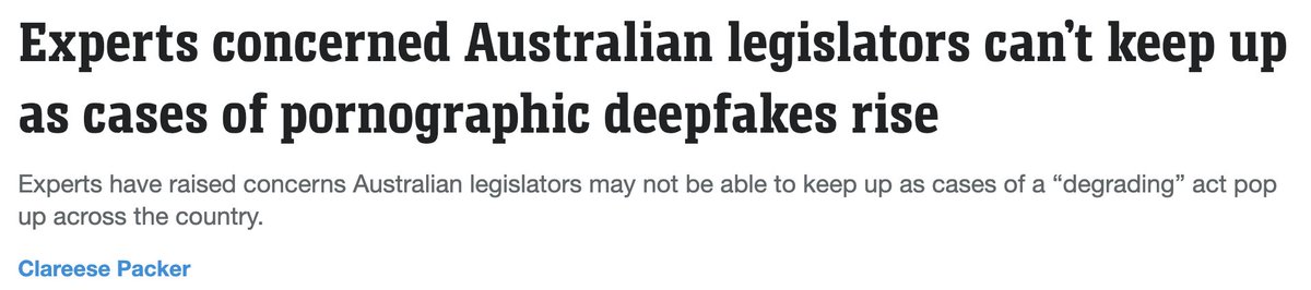 BanDeepfakes's tweet photo. Disturbing reports of explicit deepfakes continue to increase around the world, with legislators struggling to keep up as tech companies release more and more sophisticated AI-based image generating models.

In Australia: https://t.co/BUTFCsfojN