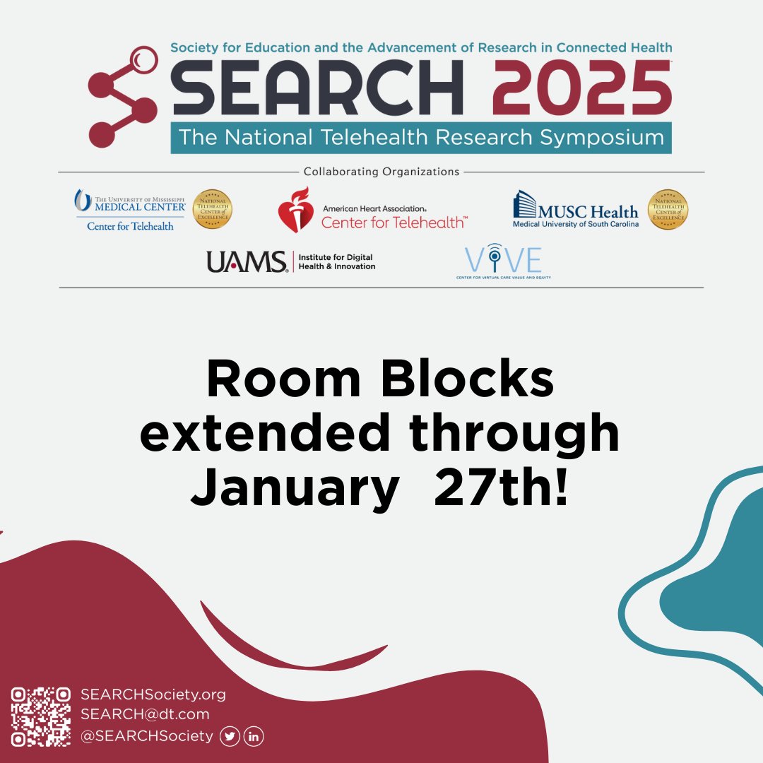 🏨 Room block extended! Book your stay for #SEARCH2025 at the Sheraton Grand LA by Jan 27 for $239/night. Don't miss out on the premier telehealth research event of the year!  book.passkey.com/event/50942833…