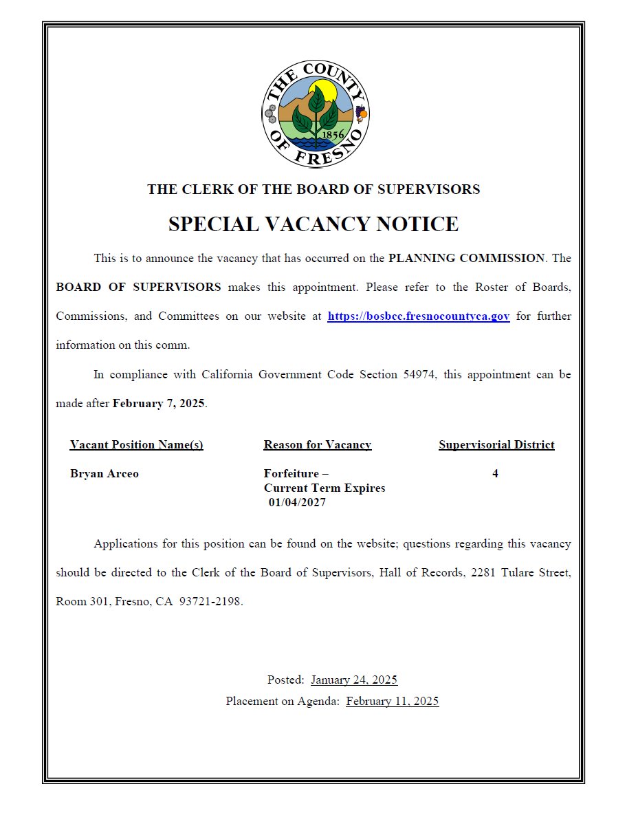 The Clerk of the Board of Supervisors announces a special vacancy notice.

If you are interested in applying to this position, please click on the link below:
bosbcc.co.fresno.ca.us