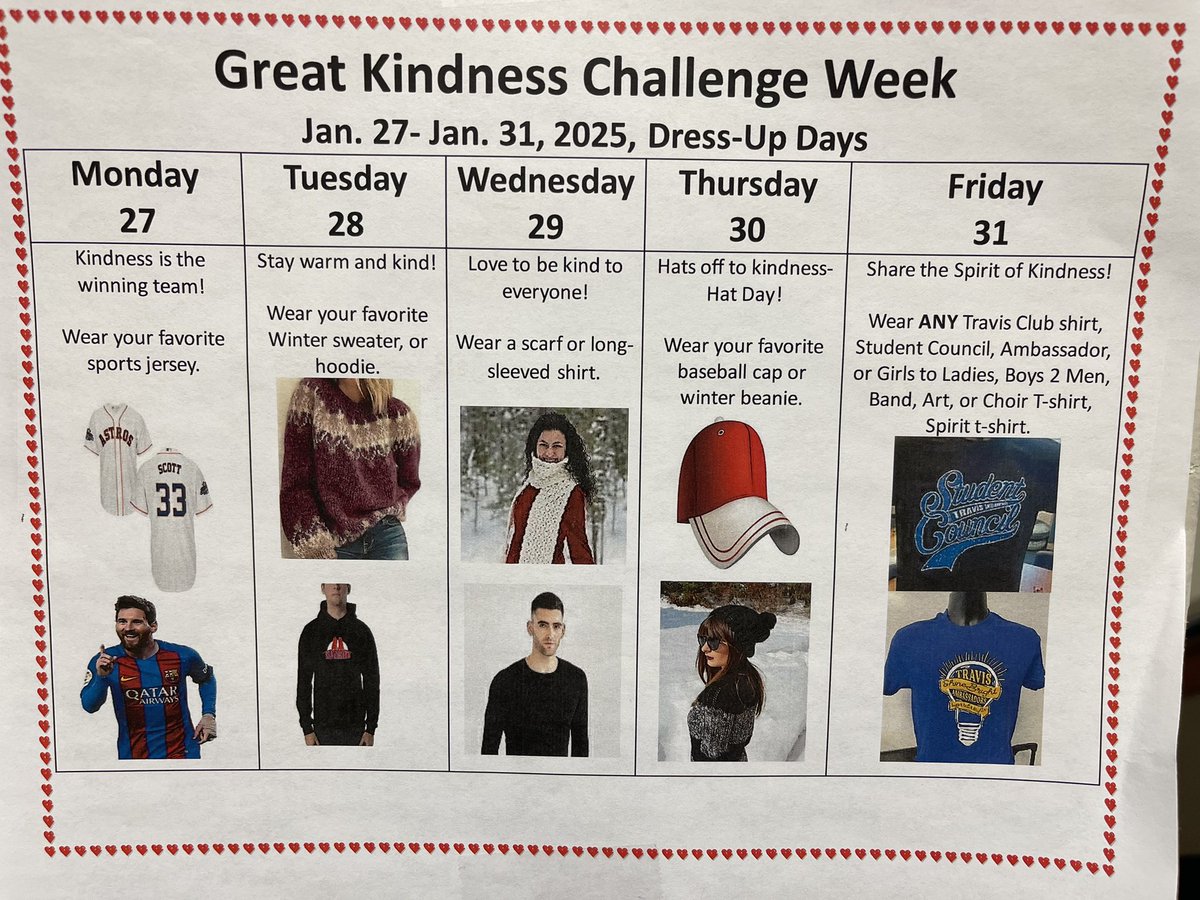 Travis Great Kindness Challenge week from Jan. 27- Jan. 31 Dress-Up Days 😃