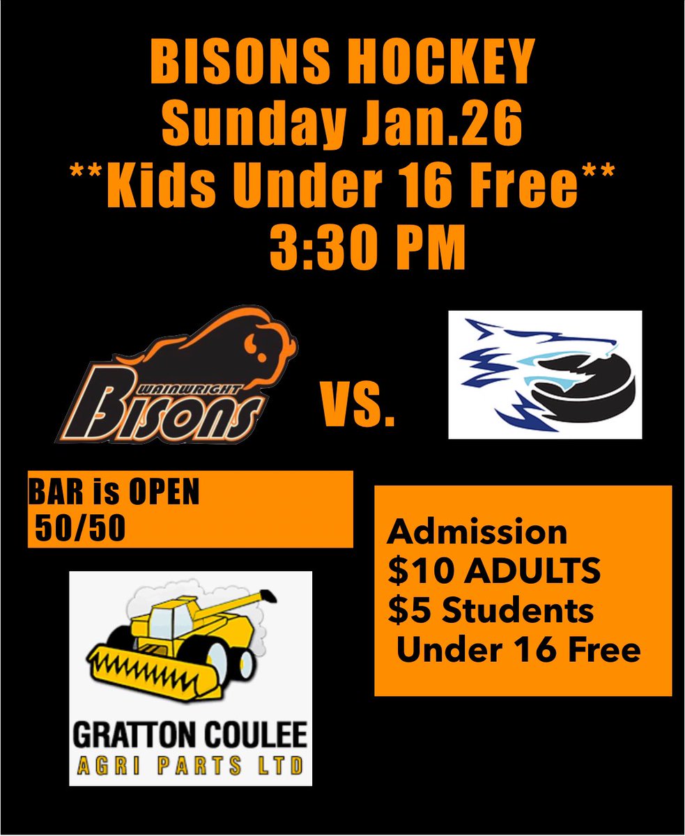 Wainwright Bisons (@wwbisons) on Twitter photo KIDS UNDER 16 FREE !!! Sunday Matinee in Town of Wainwright 3:30 Pm Puck Drop vs. <a href="/IceJrBhockey/">Cold Lake Ice</a> ! Bring out the kids and check out your 1st place <a href="/WWBisons/">Wainwright Bisons</a> ! Going to be a great game! KIDS UNDER 16 FREE !!! Sunday Matinee in Town of Wainwright 3:30 Pm Puck Drop vs. <a href="/IceJrBhockey/">Cold Lake Ice</a> ! Bring out the kids and check out your 1st place <a href="/WWBisons/">Wainwright Bisons</a> ! Going to be a great game!