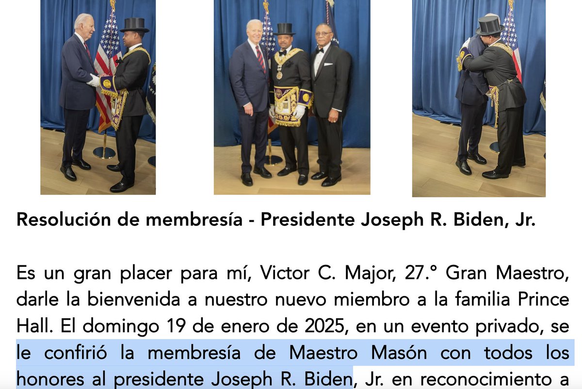 PJavierOR's tweet photo. BIDEN @JoeBiden se unió oficialmente a los masones el 19 de enero de 2025, siendo nombrado Maestro Masón de la Gran Logia Prince Hall.  
Recuerdo que, a los católicos se les prohíbe unirse a la masonería bajo pena de excomunión.
Fuente: https://t.co/E7Bey4aP3f
Y https://t.co/HPSeC393Ip
