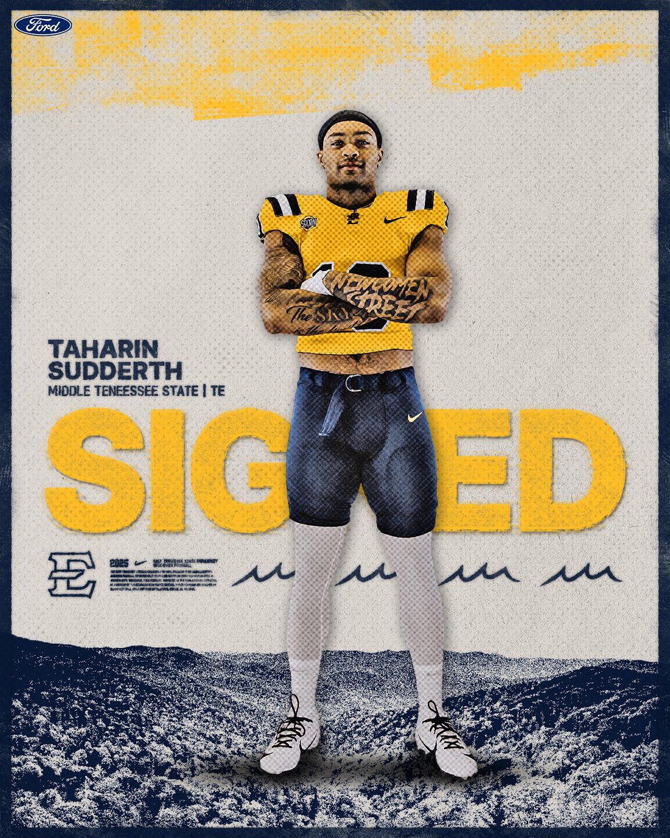 ETSU Football (@etsufootball) on Twitter photo <a href="/tksudd44/">Taharin Sudderth</a> 🔜 Johnson City 📍
🏈: TE
🏴☠️: Alcoa, TN
⚔️: Middle Tennessee State
Veteran tight end with 32 games of collegiate experience at Middle Tennessee State. Named to the Tennessee Sports Writers Association All-State team as a senior in high school.
#GoBucs | #NSD25 <a href="/tksudd44/">Taharin Sudderth</a> 🔜 Johnson City 📍
🏈: TE
🏴☠️: Alcoa, TN
⚔️: Middle Tennessee State
Veteran tight end with 32 games of collegiate experience at Middle Tennessee State. Named to the Tennessee Sports Writers Association All-State team as a senior in high school.
#GoBucs | #NSD25