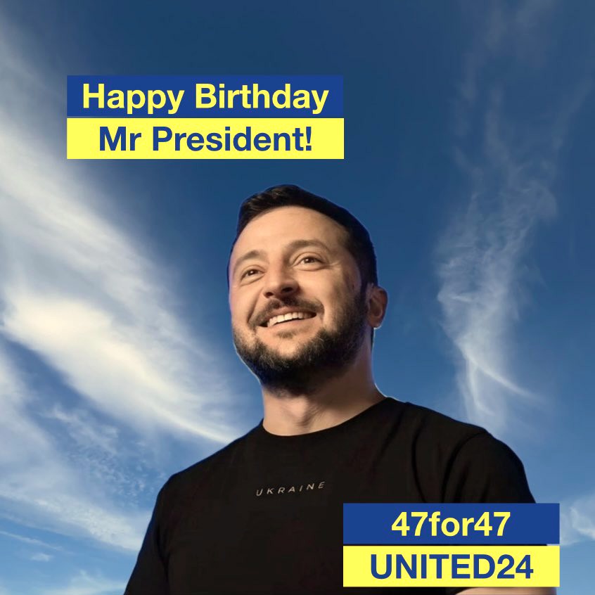 Many happy returns of the day, Mr President <a href="/ZelenskyyUa/">Volodymyr Zelenskyy / Володимир Зеленський</a>! 🥳

Let us show our support for Ukraine on this special day by donating 47€ or any amount you can to your preferred Ukrainian charity (for instance <a href="/U24_gov_ua/">UNITED24</a> 🥰)! 

#Zelenskyy47 💙
#47for47 💛