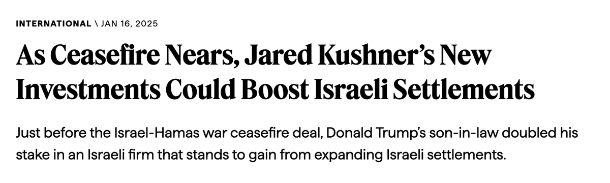 OmarBaddar's tweet photo. The president's son-in-law is set to personally gain from Israel's theft of Palestinian land.
https://t.co/92QxCPpsqV https://t.co/wHSYjMBqF1