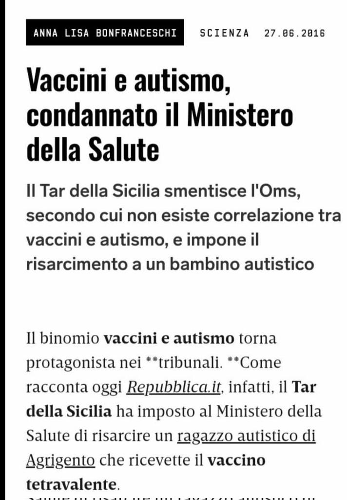 ___Anna22's tweet photo. Notizia del 2016

Il Tar smentisce l'OMS, secondo cui non esiste correlazione tra vaccino e autismo e impone il risarcimento ad un bambino autistico. https://t.co/D9SxCtd9XH