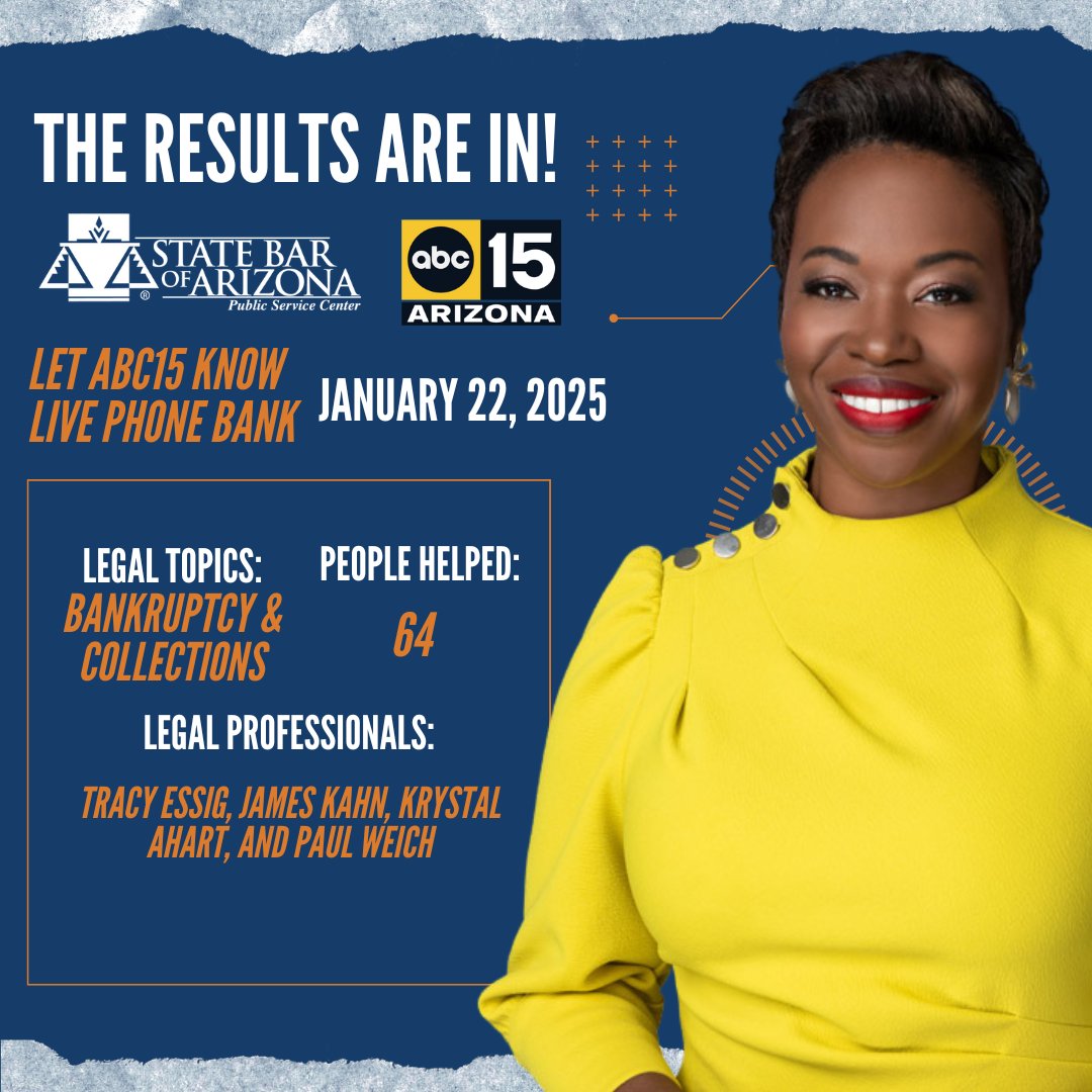 State Bar of Arizona (@azstatebar) on Twitter photo Kicking off 2025, providing free legal answers. On Wednesday, four volunteer attorneys joined our Let ABC15 Know Phone Bank on Bankruptcy and Collections. They helped answer 64 consumer calls and gave them legal clarity to start their year. <a href="/PaulWeichAZ/">Paul Weich</a> Kicking off 2025, providing free legal answers. On Wednesday, four volunteer attorneys joined our Let ABC15 Know Phone Bank on Bankruptcy and Collections. They helped answer 64 consumer calls and gave them legal clarity to start their year. <a href="/PaulWeichAZ/">Paul Weich</a>