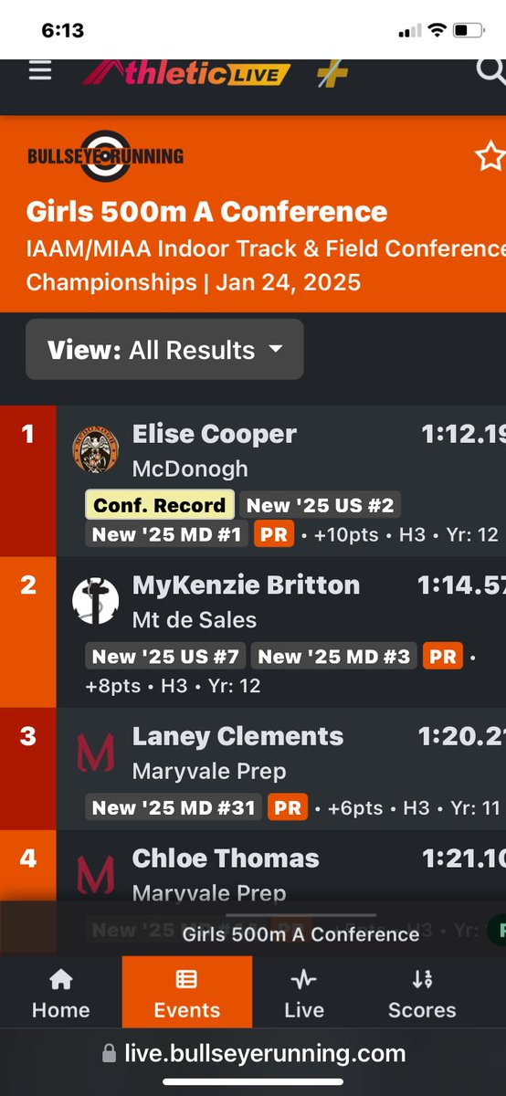 RayFamily4's tweet photo. Congrats to my track daughter Elise Cooper (McDonogh) on a new 500m PR of 1:12.19 (US #2 in ‘25 &amp; US #15 All Time) while winning the event at the IAAM Indoor Championship. @DyeStat @runnerspace @CitiusMag @milesplit @MileSplitDMV @MilesplitMD @AllBannerSports @SunVarsity https://t.co/z4EGYJv8VZ