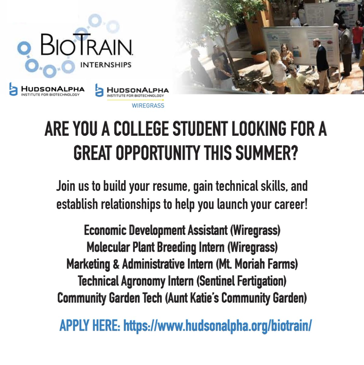 Applications are still open for the BioTrain Internship Program! We have five exciting internship positions available in the Wiregrass region, and we want YOU to be a part of it! Apply Today: lnkd.in/d3B3VvV7