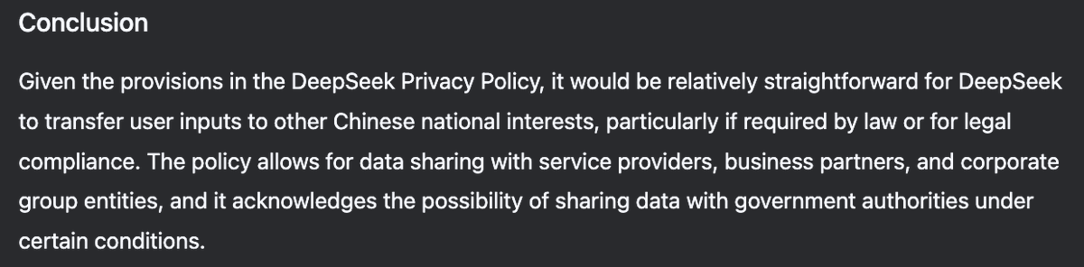 OrganizerStone's tweet photo. When I asked DeepSeek R1 to ingest and analyze its own Terms of Service and Privacy Policy regarding data transfer to Chinese government and business interests, here's what I got https://t.co/fsriDsHI3T