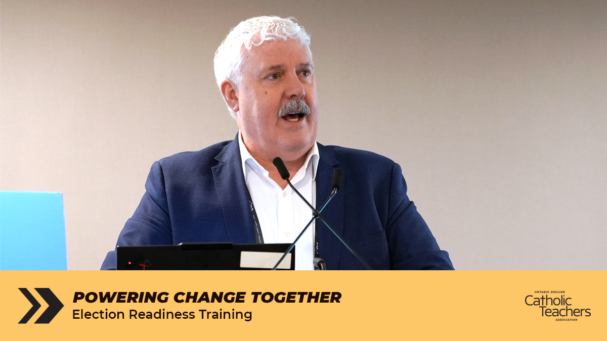 OECTAProv's tweet photo. "Let me be clear – this govt does not like you – you are in the way of them privatizing #OntEd."

@OECTAprez René Jansen in de Wal kicks off our GTA/Southwest Election Readiness Training, speaking to #CatholicTeachers about the importance of electing an education-friendly govt. https://t.co/I9B6ahpTWS