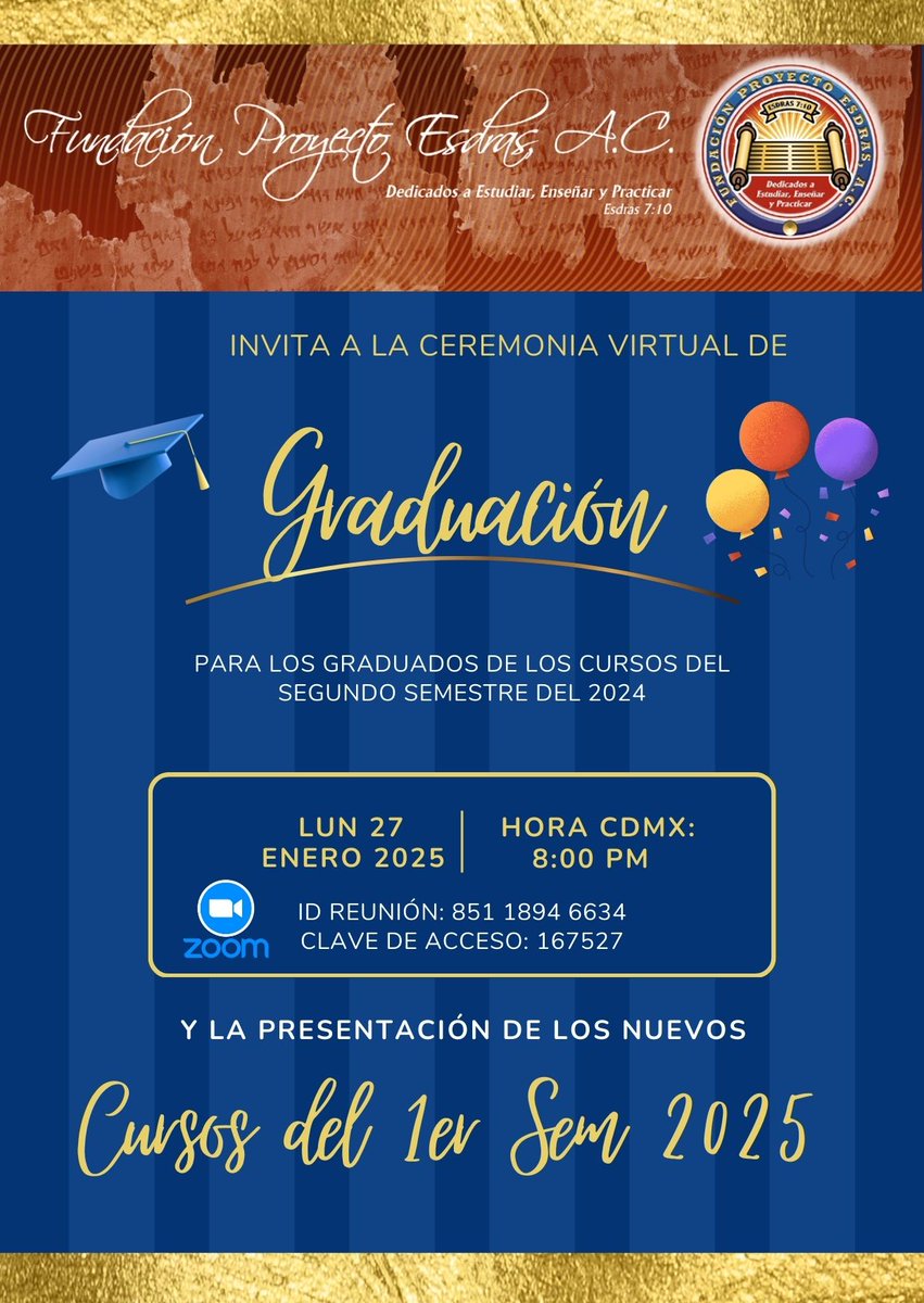 FundProyEsdras's tweet photo. Ceremonia de Graduación Virtual y Presentación Nuevos Cursos 2025
Acompáñanos a la ceremonia virtual de graduación de los cursos del 2o Sem 2024 y la presentación de nuestros nuevos cursos para el 1er sem 2025 https://t.co/iJR5GU6Ctp