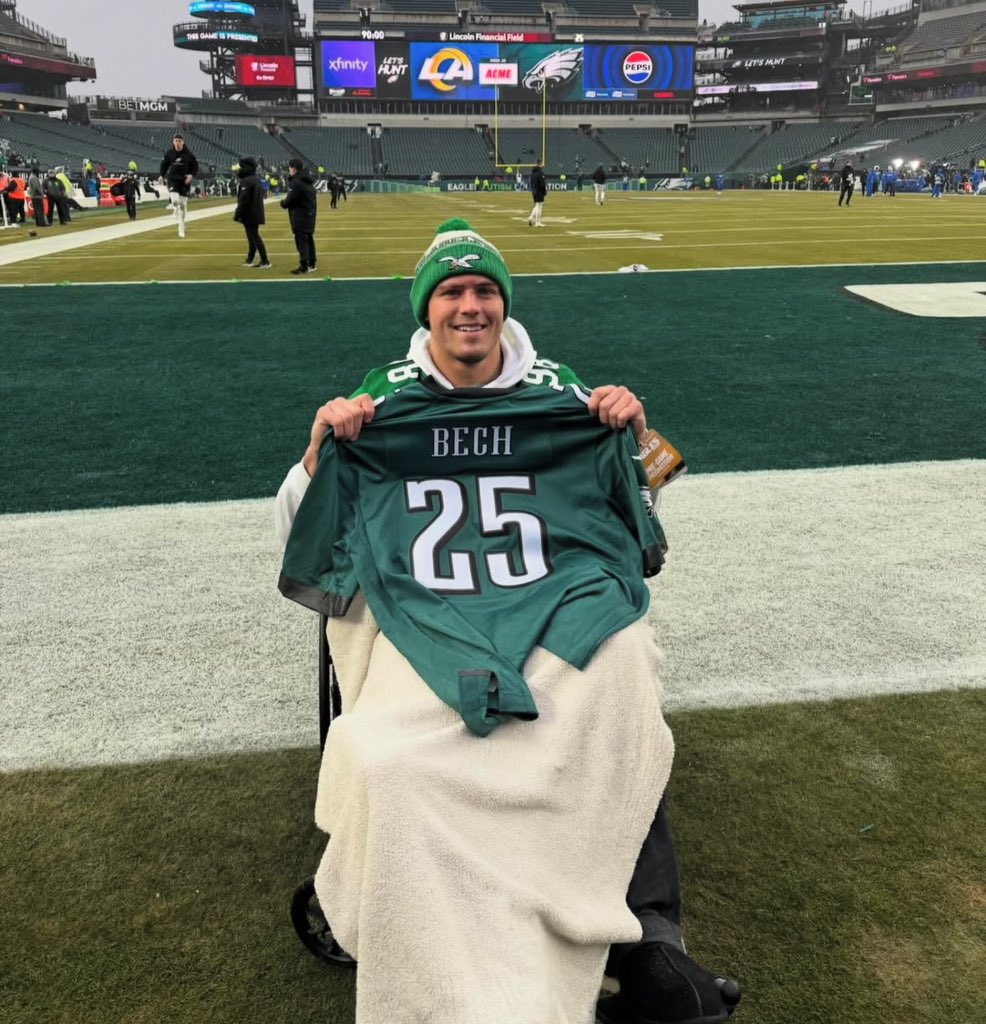 JClarkNBCS's tweet photo. The Eagles are helping the family and friends of Tiger Bech heal. He died in the New Orleans attack on New Year’s Day. His best friend Ryan Quigley survived the attack but was seriously injured. Ryan is a big Eagles fan. Ryan and Tiger’s sister met with Eagles players and their playoff run is helping them through this. Catch the story on NBC10‘s Eagles Road to Victory special at 7:30 PM.