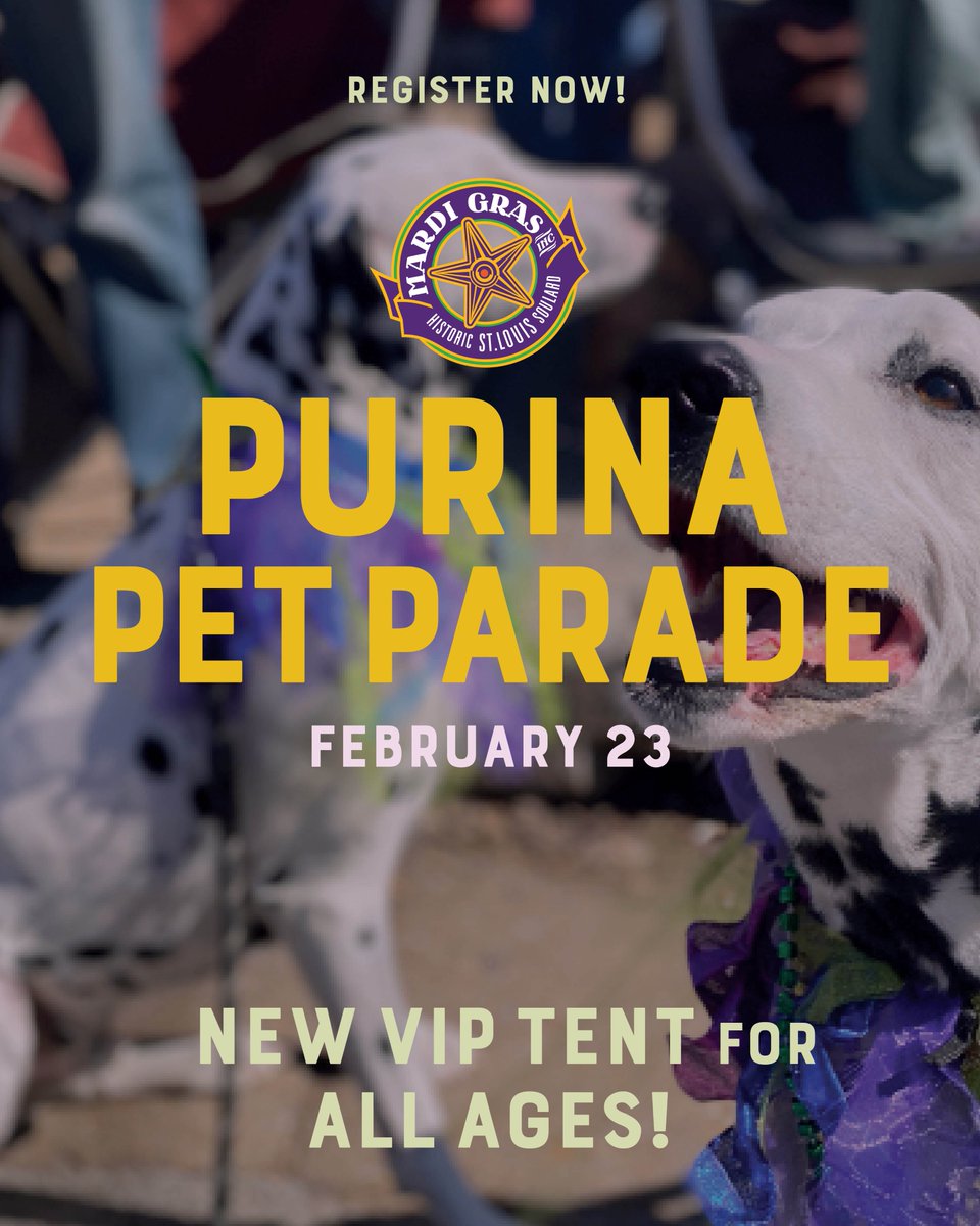 Registration is NOW OPEN for the 2025 <a href="/Purina/">Purina</a> Pet Parade in Soulard, St. Louis on Sunday, February 23, 2025! 🐕‍🦺🦮🐩

NEW this year, snag tixs to our VIP tent at the Pet Parade for food, drinks, bathrooms &amp; a front row seat to the parade! 

➡️stlmardigras.org/events/purina-…