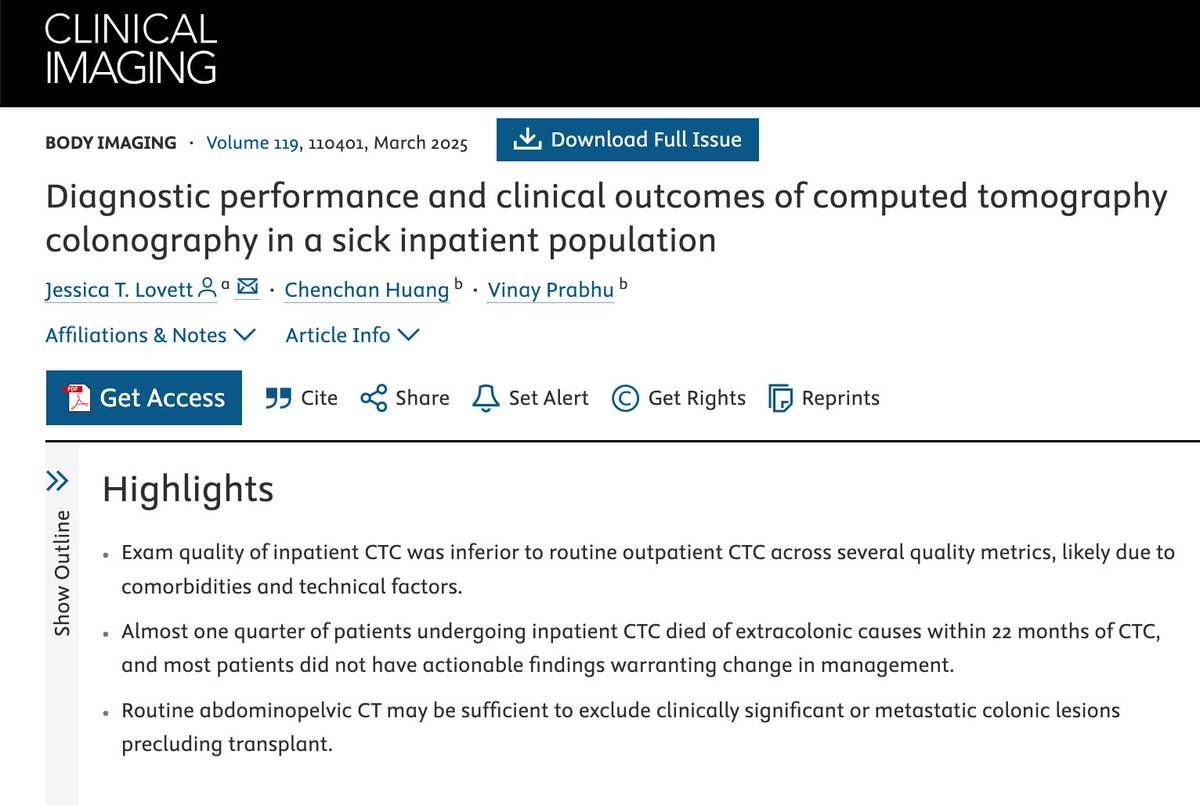 Clinical Imaging (@ci_journal) on Twitter photo "Diagnostic performance and clinical outcomes of computed tomography colonography in a sick inpatient population" by J Lovett, C Huang, V Prabhu <a href="/yaniv34/">Vinay Prabhu</a> set for our March 2025 edition!
DOI: 10.1016/j.clinimag.2025.110401
#radiology #meded "Diagnostic performance and clinical outcomes of computed tomography colonography in a sick inpatient population" by J Lovett, C Huang, V Prabhu <a href="/yaniv34/">Vinay Prabhu</a> set for our March 2025 edition!
DOI: 10.1016/j.clinimag.2025.110401
#radiology #meded