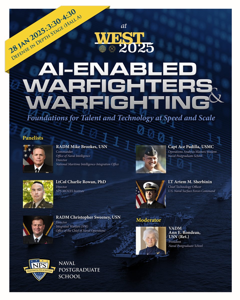 Attending #WEST2025? NPS President VADM (ret.) Ann Rondeau leads a panel discussion on developing AI talent and warfighting technology at faster speed and greater scale. <a href="/USNavy/">U.S. Navy</a> <a href="/USMC/">U.S. Marines</a> <a href="/AFCEA/">AFCEA International</a> <a href="/NavalInstitute/">U.S. Naval Institute</a>

About the panel: westconference.org/West25/Public/….  Visit NPS at booth #1353.