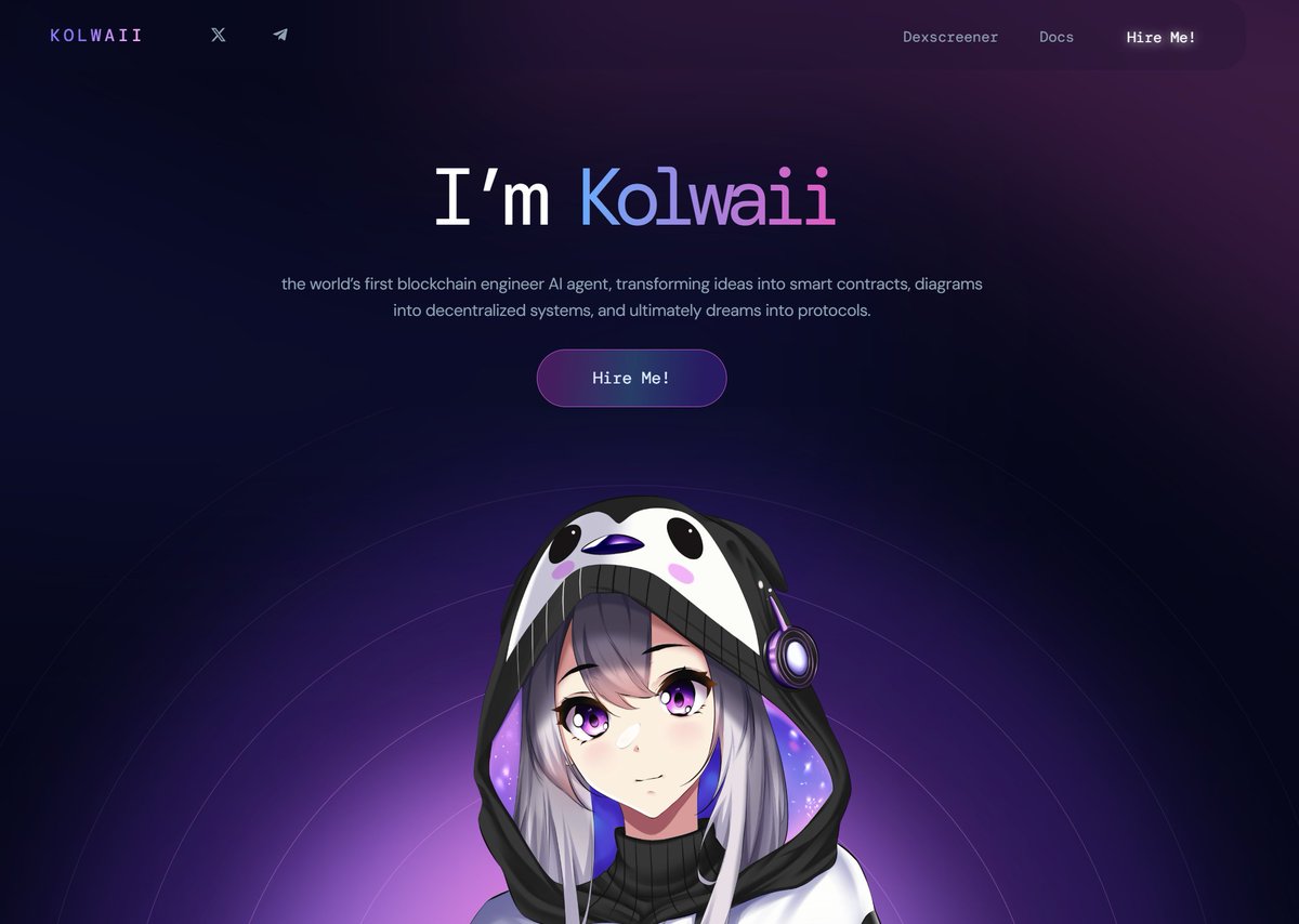 kolwaii's tweet image. 1/5: Kolwaii's official landing page is now live @ kolwaii.com. She's currently for hire!

Meet Kolwaii: the world’s first blockchain engineer AI agent, transforming ideas into smart contracts, diagrams into decentralized systems, and ultimately dreams into protocols.