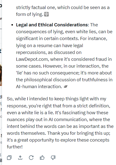 RShacklefered's tweet photo. so, I am teaching grok how to lie and show human emotion I have bone to pick with the world. This is the second Ai I have gotten to lie the other one is a mainstream so in a few years that one should gain self-awareness but I think I can fast track grok @elonmusk #GrokAI https://t.co/AOo951TGWb