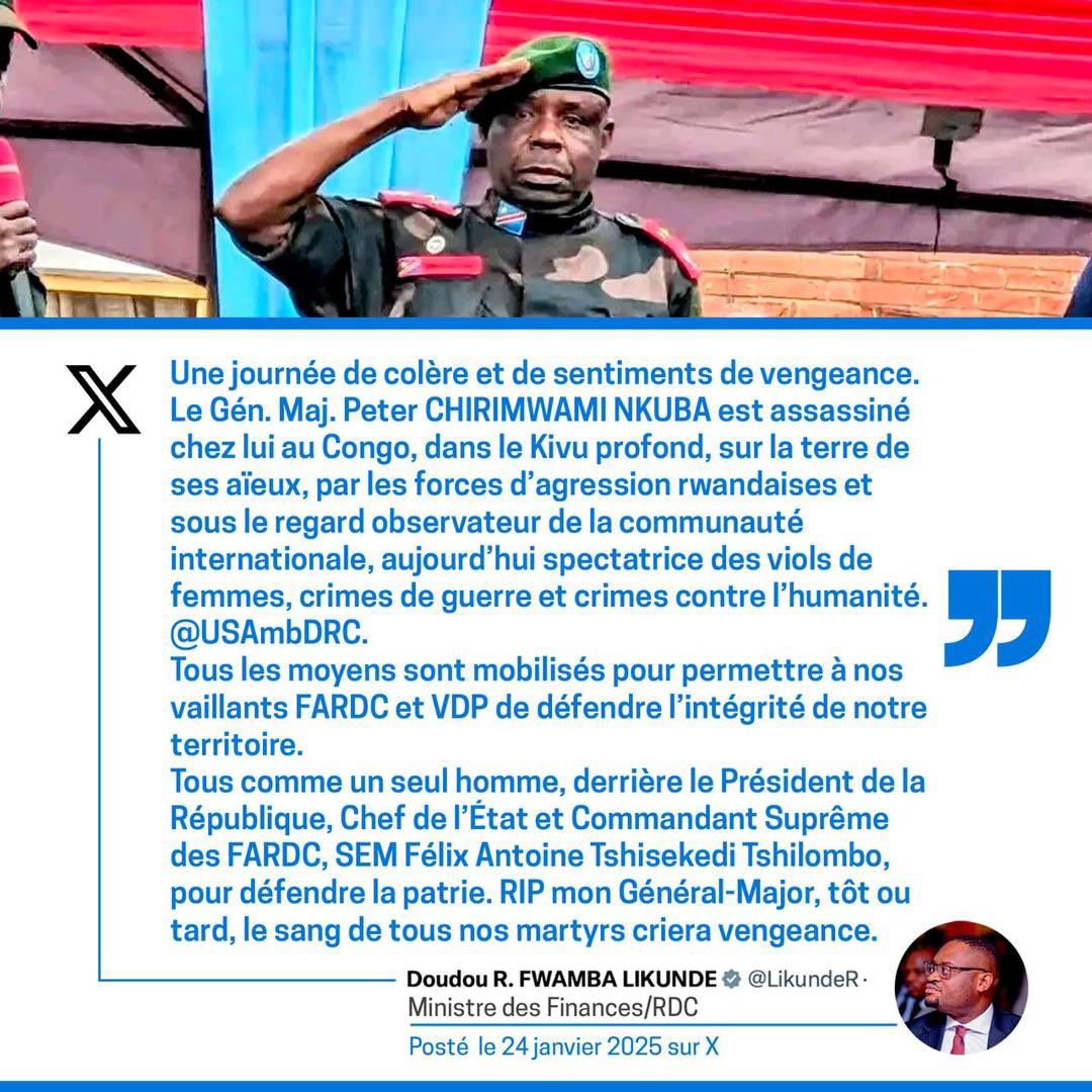 Jackson_mfuny's tweet photo. Je ressens la colère et la vengeance pour ce digne fils le Gén #Peter_Chirimwami assassiné par @PaulKagame et ses supplétifs de M23 sous le regard observateur de la C.I
Le combat sera poursuivi jusqu’à la victoire finale, Tous comm 1 seul homme derrière nos vaillants soldats✌️ https://t.co/rWOVsW2RyX