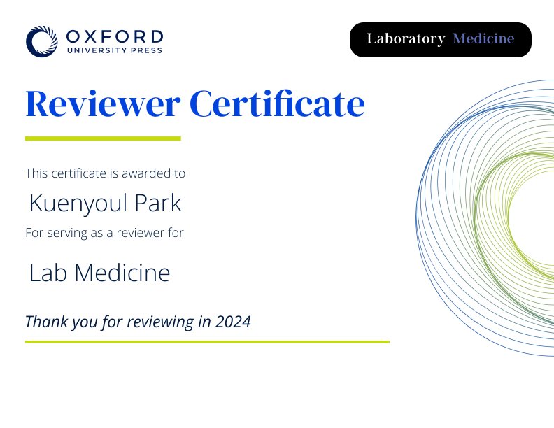 kypark_cp's tweet photo. Lab Medicine sends out certificates like this, which I find quite interesting. I reviewed two papers last year, but they don’t mention the number of reviews. 😂#labmed https://t.co/FWEmxeOkox