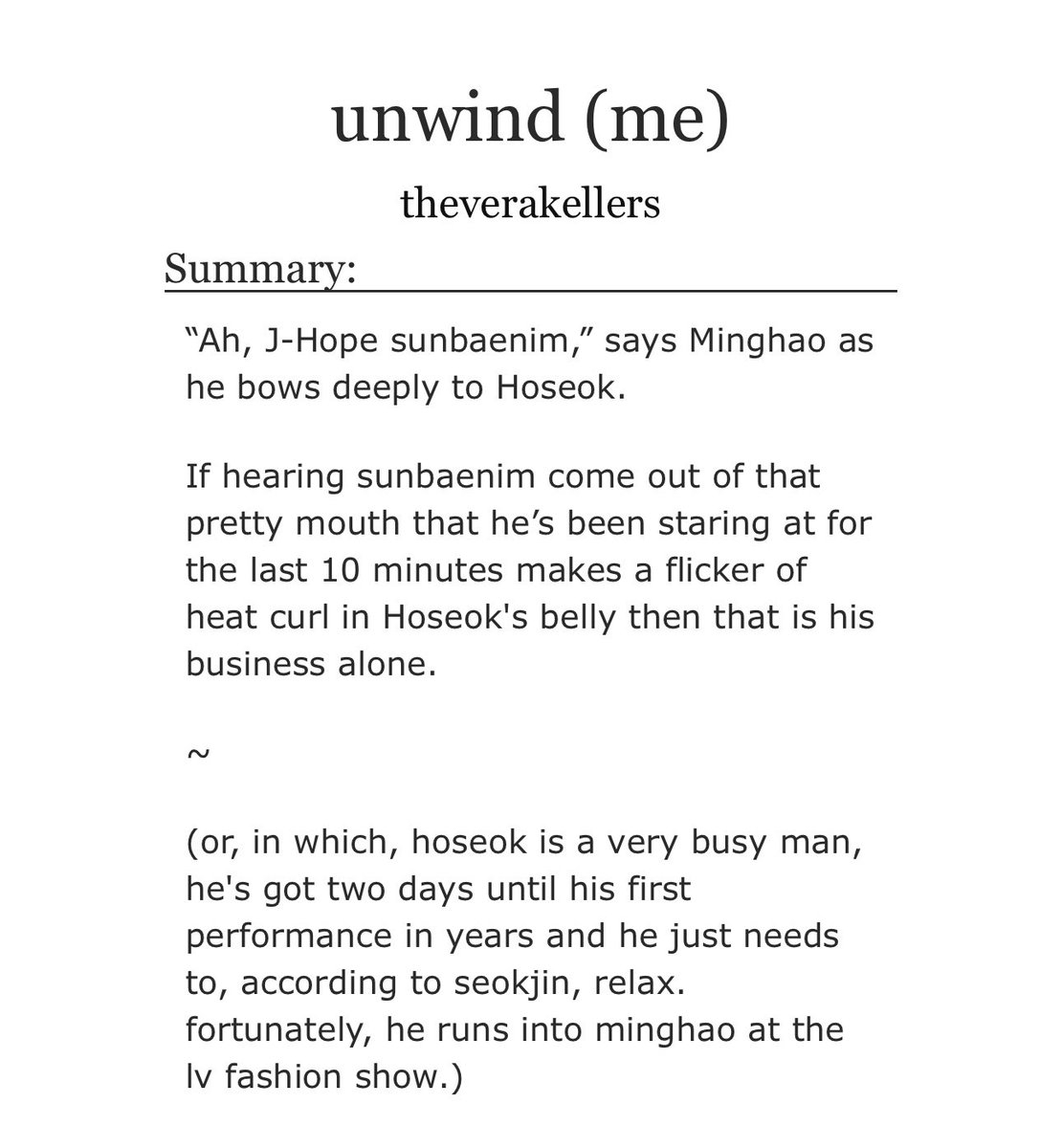 thevkswrites's tweet photo. [unwind (me)]

💙 ship: jung hoseok/xu minghao
💙 fandom: bts, seventeen 
💙 complete {m}
💙 hoseok needs to get laid 
💙 lv fashion show
💙 canon compliant (ish)

#btsfics #svtfics

https://t.co/0DcnS33DA9 https://t.co/xyRhaNr474