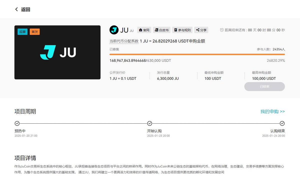 聚币（Jucoin）IEO诈骗事件总结： 事件经过： 1.IEO超募认购：聚币平台开启平台币$Ju  的IEO，采用超募模式，发行价0.1U，并承诺超募资金会退回。 2.超募260倍：最终共募资