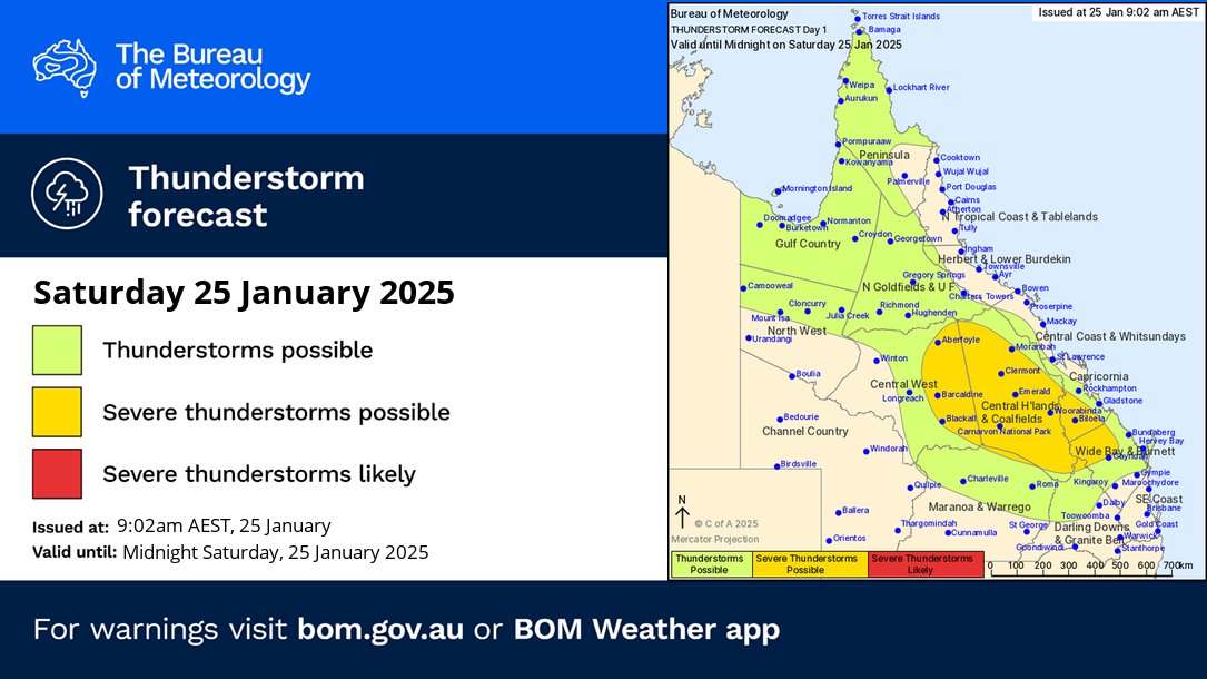 BOM_Qld's tweet image. ⛈️Thunderstorm FORECAST for TODAY: Chance of thunderstorms across broad areas of #Queensland. Severe thunderstorms possible inland between #ChartersTowers, #Longreach, and #Gayndah with risks of damaging wind gusts and heavy rainfall. Warnings as needed bom.gov.au/qld/warnings