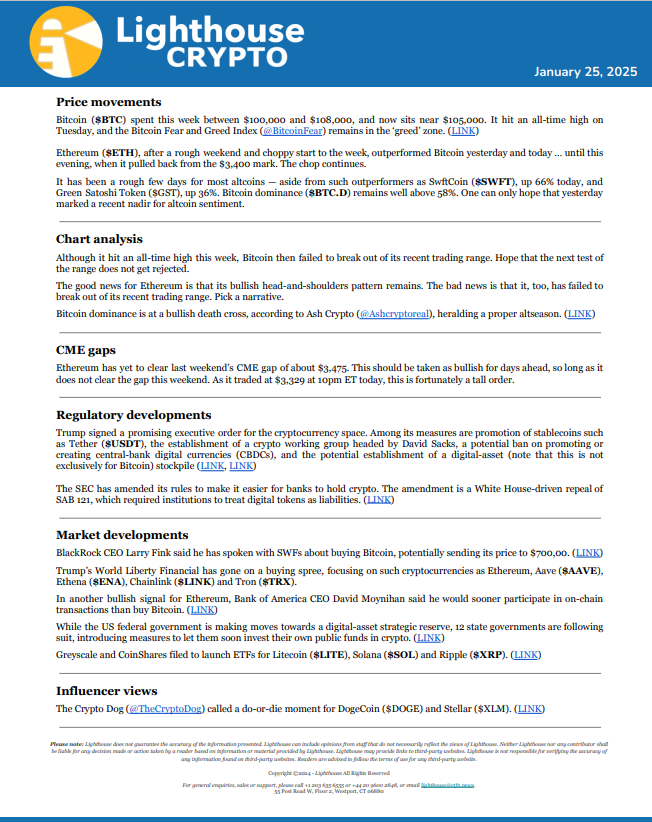 LighthouseCRPTO's tweet photo. Lighthouse Crypto brief for January 25, 2025. $BTC $ETH $XLM $LINK $TRX $ENA $AAVE $LITE $SOL $XRP

PDF available here: https://t.co/WBpq81boZo https://t.co/q9YAtOyRSQ