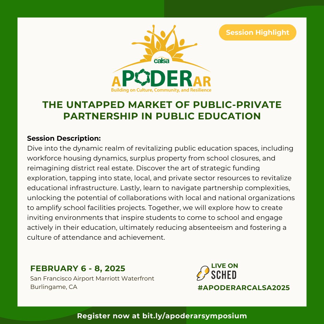 Join us as Jessica Ochoa, M.Ed., CALSA Region 5 Director, and her co-presenter Jordan Miles dive into 🌟 The Untapped Market of Public-Private Partnership in Public Education.💡

🔗 Learn more and register: bit.ly/apoderarsympos…

#calsafamilia #LeadershipDevelopment