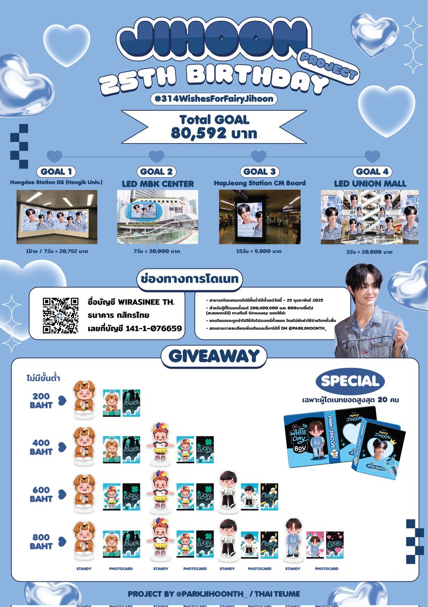 ✨️ 𝗝𝗜𝗛𝗢𝗢𝗡 𝟮𝟱𝘁𝗵 𝗕𝗶𝗿𝘁𝗵𝗱𝗮𝘆 𝗣𝗿𝗼𝗷𝗲𝗰𝘁 🎂
     ♡ #314WishesForFairyJihoon ♡

เปิดรับโดเนทเพื่อจัดทำโปรเจกต์ฉลองวันเกิดครบรอบ 25ปี ให้กับ #JIHOON 🐶

🎯: 𝗚𝗢𝗔𝗟 = 𝟴𝟬,𝟱𝟵𝟮 บาท

เนื่องจากมียอดยกมาจากโปรเจกต์วันเกิดของปี24 จำนวน 15,013.58บาท