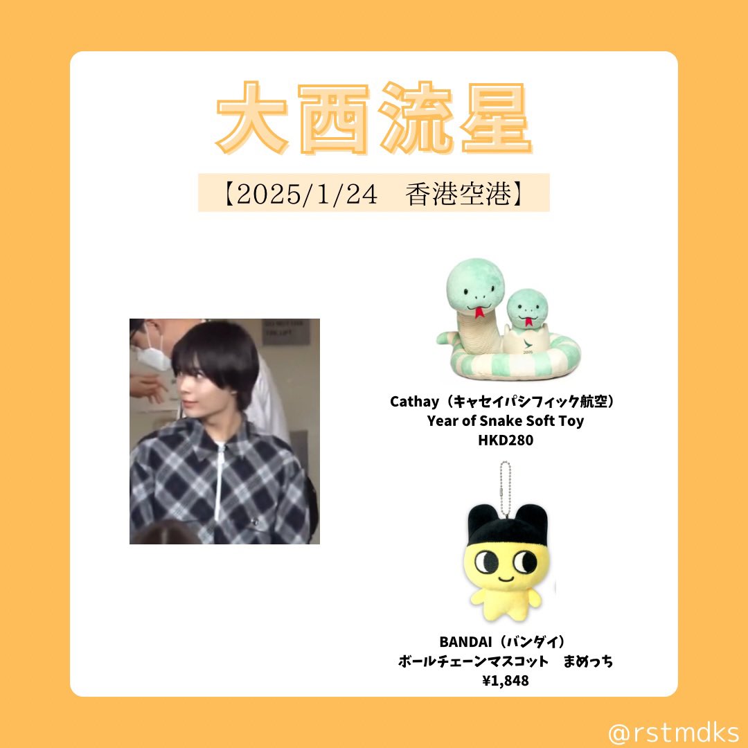 大西流星の私物特定】香港空港ファッション 🧡キャセイ へびの