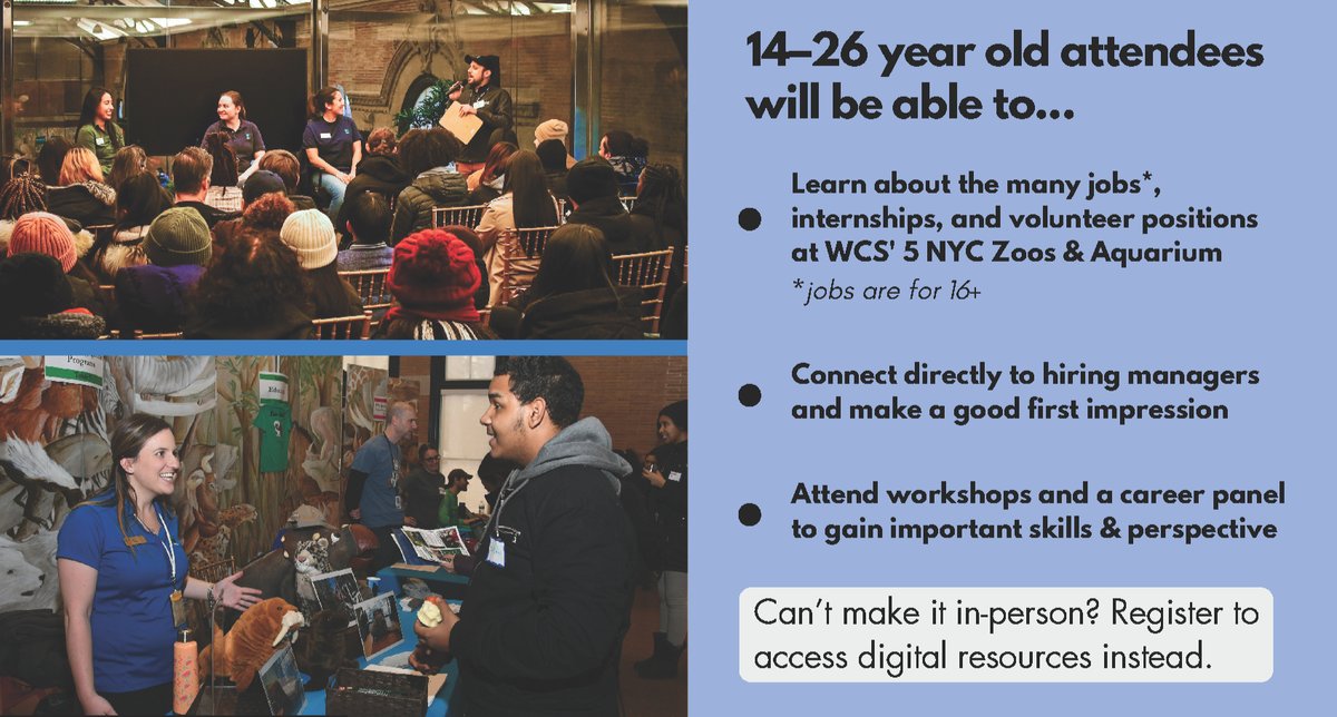 Save the date for Sat 2/1! Join the @wcsyouthnetwork online or at the @bronxzoo to meet hiring managers, attend workshops &amp; learn how teens &amp; young adults launched their careers here with job, volunteer &amp; internship opportunities. Register today! bronxzoo.com/teens/wcs-yout…