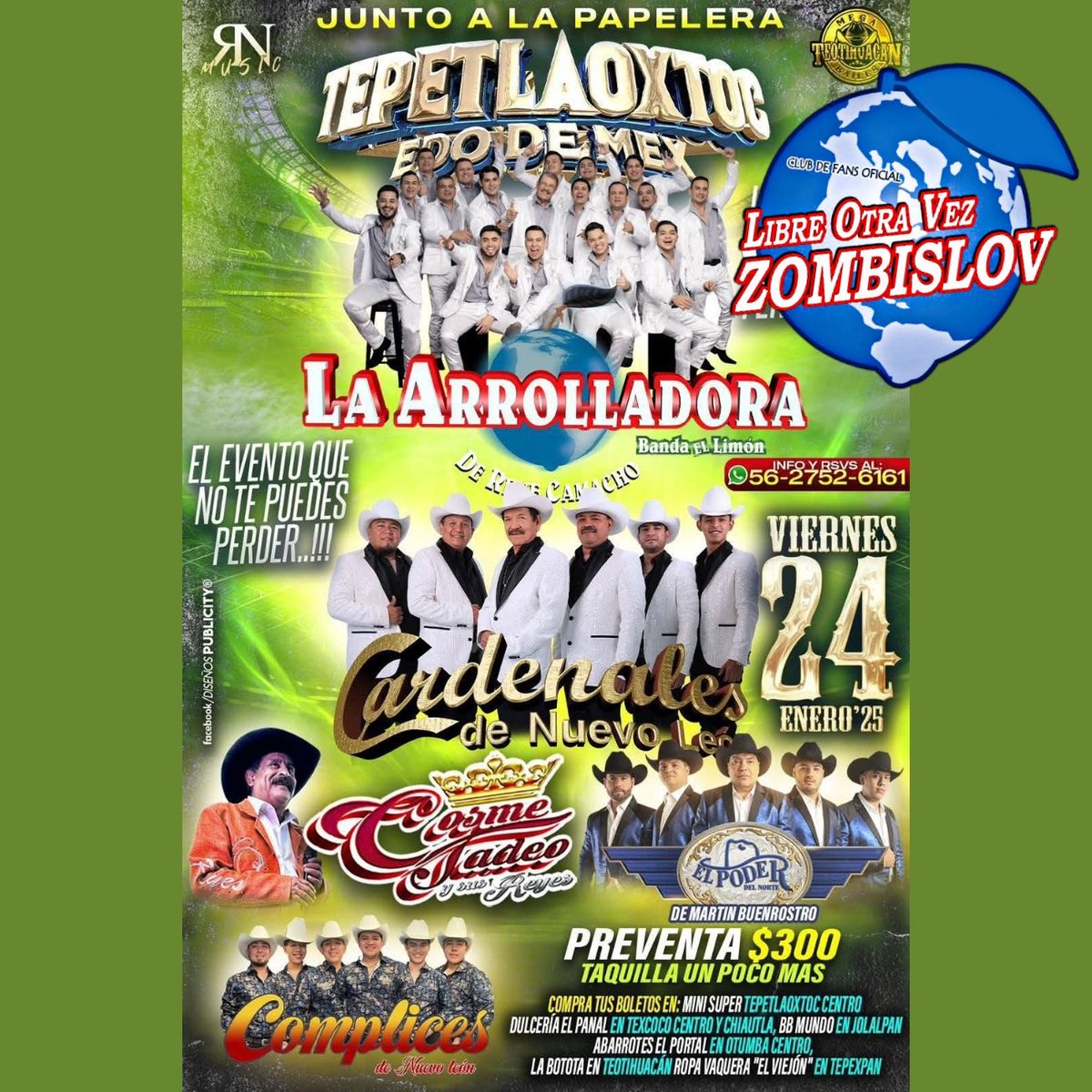 🔊 HOY VIERNES 2️⃣4️⃣ DE ENERO 
La  A R R O L L A D O R A
Banda El Limón de Don René Camacho 🕺🏻💚🍋 se presenta en:

 ▪️TEPETLAOXTOC, ESTADO DE MÉXICO.. 🇲🇽 📍🌏  

Presentando el Tour:
♦️"AQUÍ HAY PARA LLEVAR" 🕺🏻✨💚🍋
#ZombisLOV 🍋 💚 
#SomosArrollaFans ✋🏻🍋
#NuevaEraABL 👌🏻👏🏻❤‍🔥