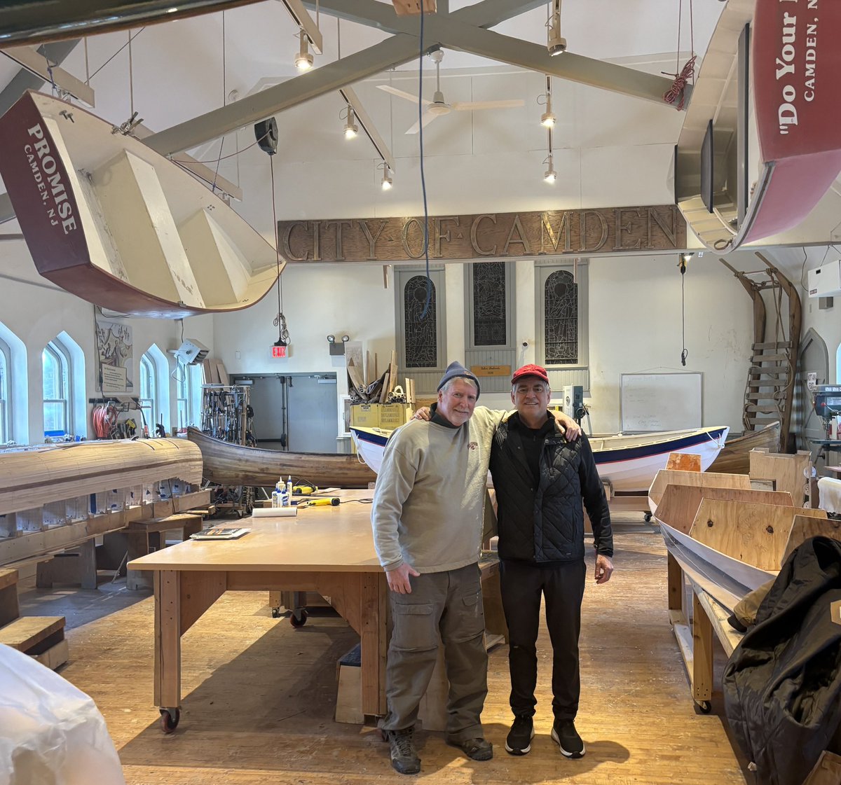 Thanking my man Broph for his support of Urban BoatWorks over the years and for visiting the boat shop today-he was cocaptain of our 1981 Final Four team and I still look up to him-and I’m not just saying that because he bought lunch today on our coach Skip Werley’s  85 birthday