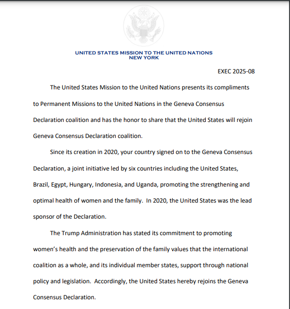 🚨The US government has AFFIRMED there is NO HUMAN RIGHT TO ABORTION🚨

And rejoined an international coalition of countries who have signed a declaration on their commitment to caring for BOTH lives in a pregnancy 🤰

The decision to rejoin the Geneva Consensus Declaration