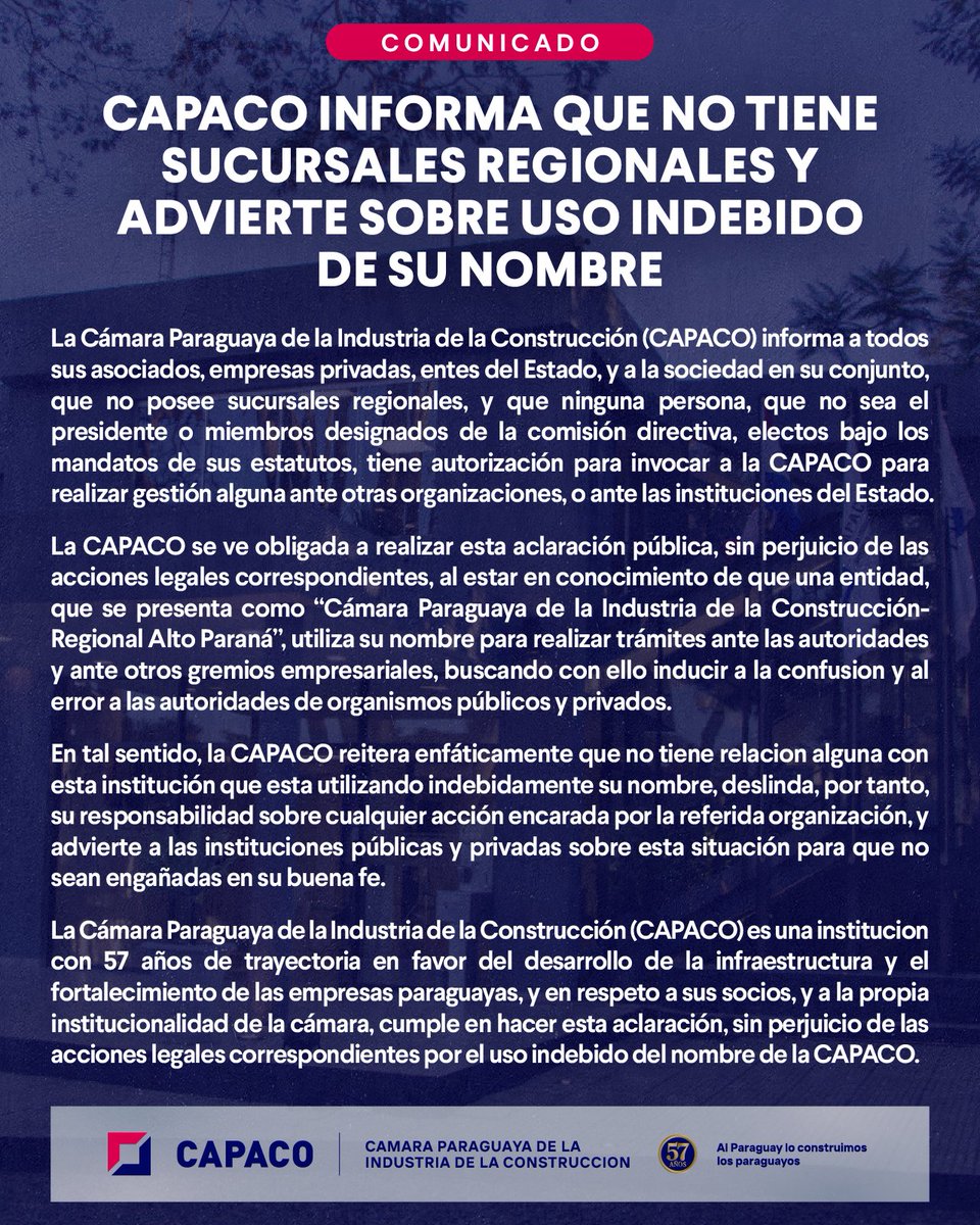 capaco_oficial's tweet photo. 🔴 #Comunicado  |  #CAPACO informa que no tiene sucursales regionales y advierte sobre uso indebido de su nombre. ‼️📢 https://t.co/3UDgWp9rC0