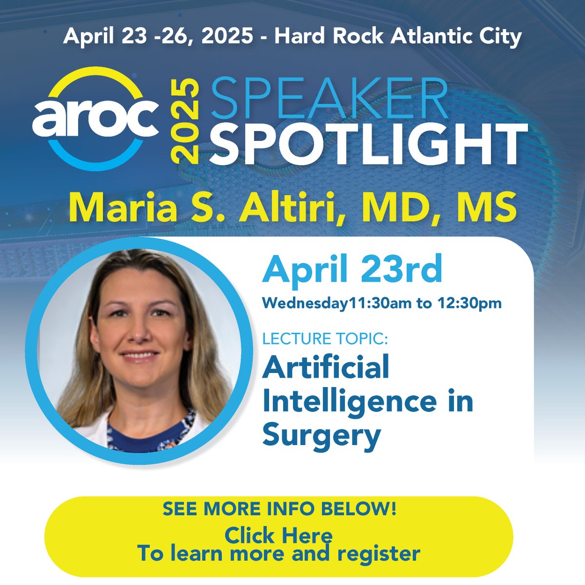 Coming to AROC 2025 - Maria Altieri, MD, MS is an Assistant Professor of Surgery and the Section Chief of GI Surgery at Pennsylvania Hospital at the University of Pennsylvania. njaops.org/aroc-attendee-…
