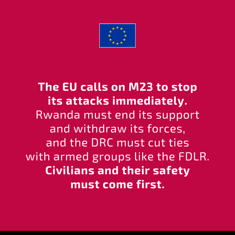 eu_eeas's tweet photo. On behalf of the EU, @kajakallas strongly condemns M23's advance in eastern DRC, calls for immediate violence halt, and demands Rwanda end M23 support.
Full statement: https://t.co/81ad0tXZn3