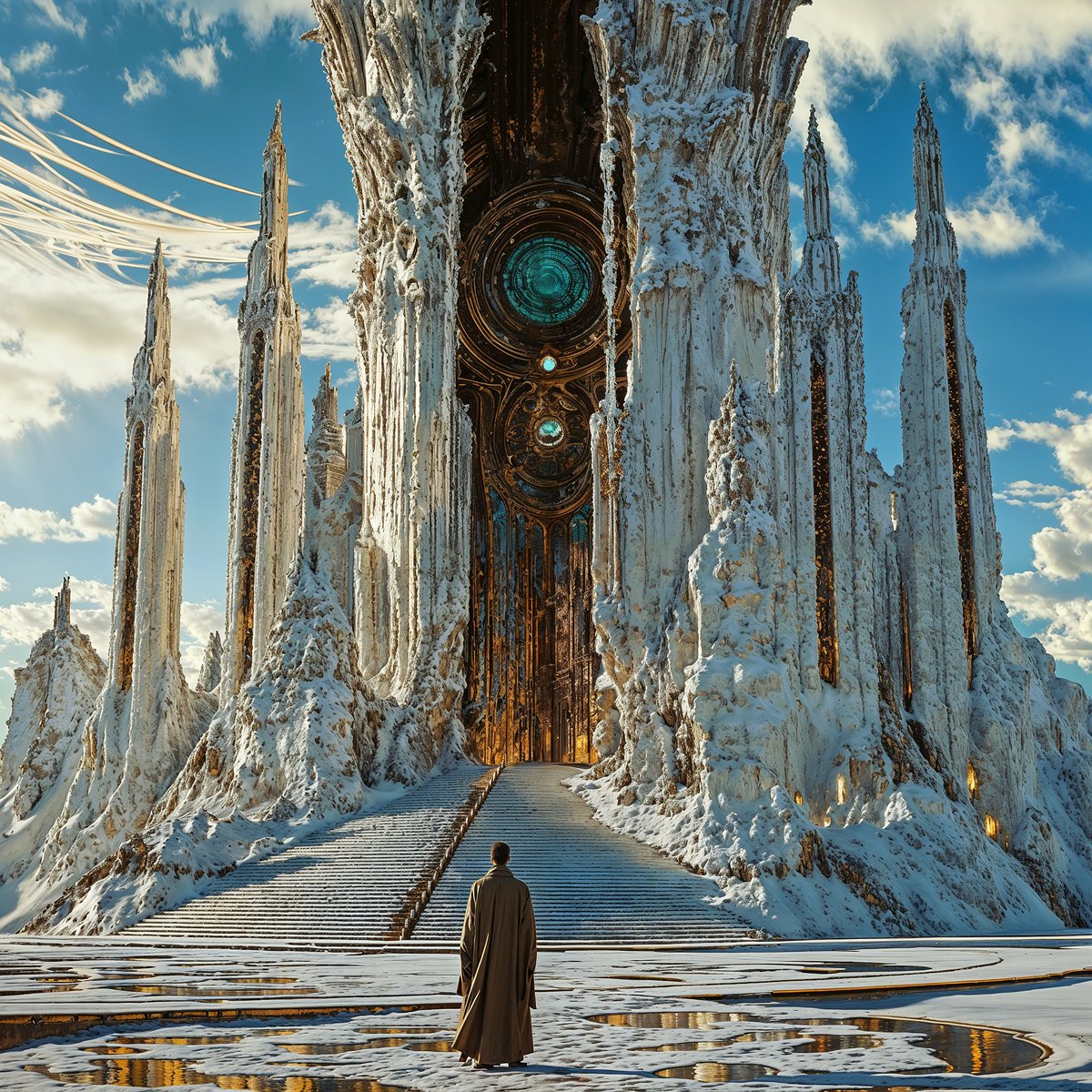 ApolloConcepts_'s tweet image. In the majestic halls of Erythraea, where ancient wisdom meets divine architecture, the chosen approach the Celestial Gate. The frozen spires and golden lights remind us of humanity’s eternal quest for enlightenment and destiny. 🌌✨