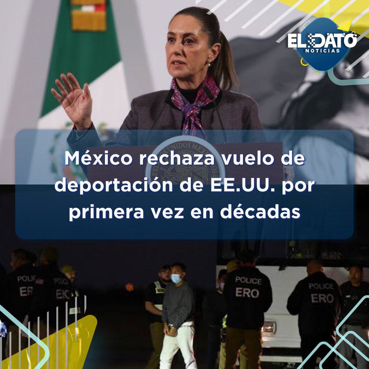 eldatomx's tweet photo. Histórico: México rechaza un vuelo de deportación de EE.UU. con cientos de migrantes. Sheinbaum solo aceptará a ciudadanos mexicanos, marcando un cambio en la política migratoria. https://t.co/cR8a52oPQw