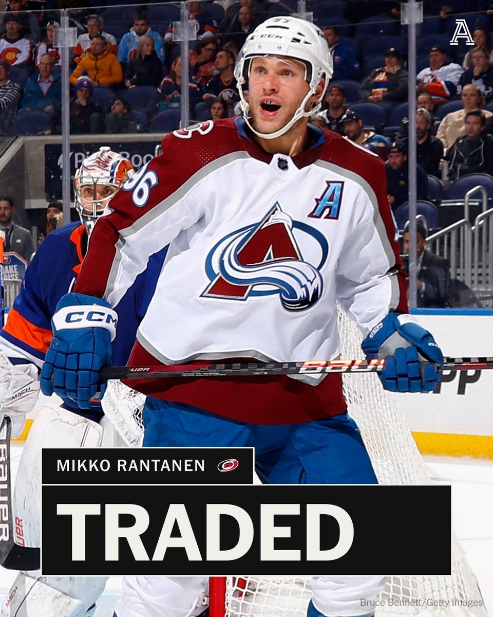 TheAthletic's tweet photo. BREAKING: The Hurricanes have acquired Mikko Rantanen from the Avalanche and Taylor Hall from the Blackhawks in a three-team blockbuster trade, sources confirm to @reporterchris. https://t.co/ecKD3uBs0z