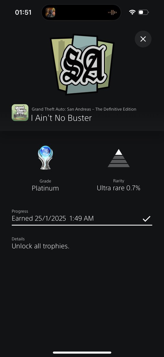 Graeme_Reaper7's tweet photo. Platinum Number 35: GTA San Andreas Definitive Edition. 

That completes the PS2 trilogy. SA is definitely my favourite https://t.co/Kdt7jAQmKt
