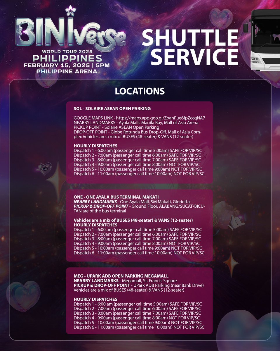 StarMusicPH's tweet photo. BEEP! BEEEP! Byaheng PH Arena po! 🚌🌸

BLOOMs! Don't miss the fun kahit nasa bus ka palang papunta sa BINIverse World Tour: Philippines sa PH Arena this February 15! 

Check out the FAQs and book your Roundtrip Shuttle Service - just go to 🔗https://t.co/Co7jZucM7p and read all the guidelines! Ticketing opens today at 4PM! 🤩

You can still secure your concert tickets at https://t.co/EluNLNfUF2 and https://t.co/N4hoDVSWZ0! 

#BINIWT2025 #BINI #BINIWorldTour #BINIWTPh #BINIverseWorldTourPh #ABSCBNEvents #ABSCBNMusic